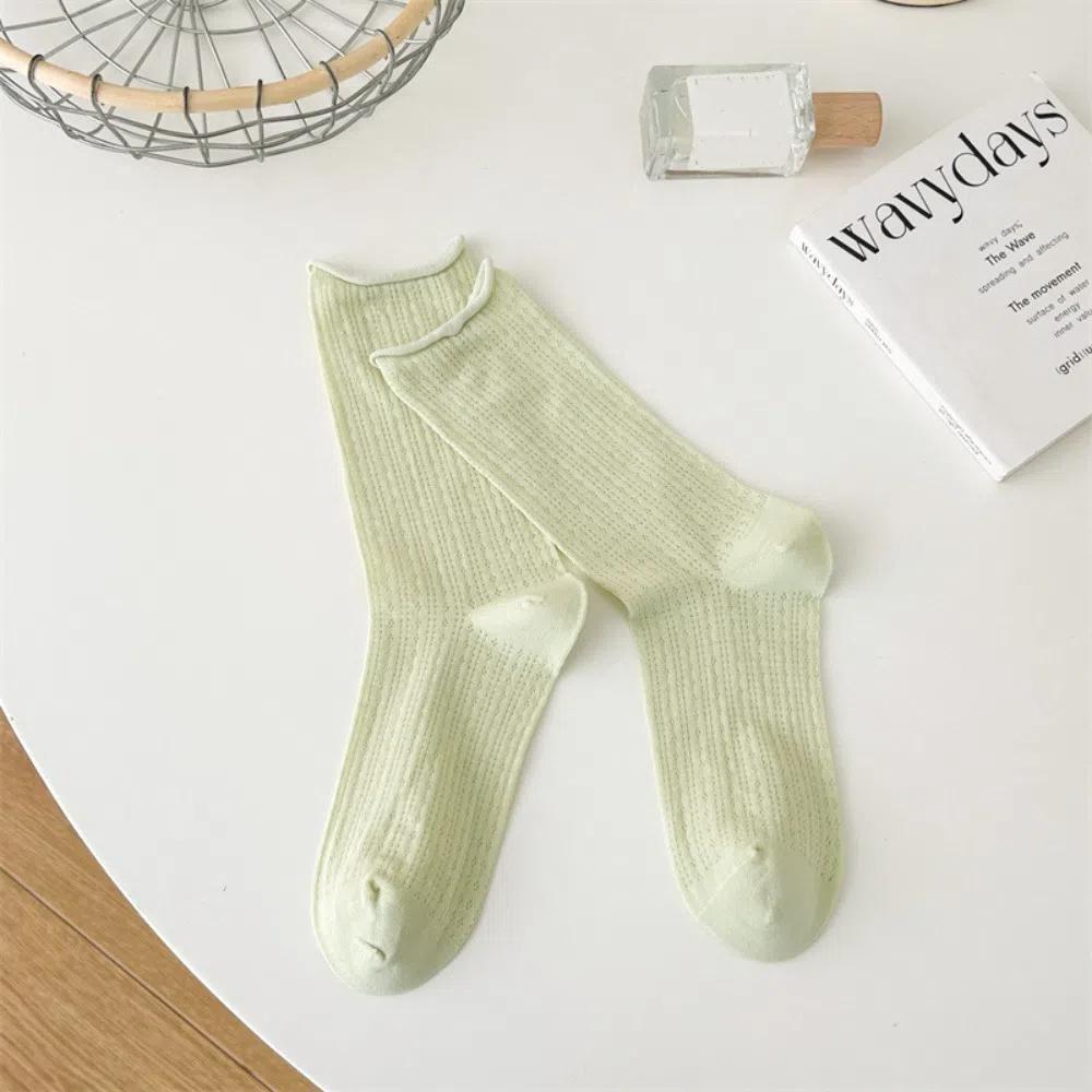 Candy Color Summer Socks Hollow Out Roll Edge Socks Sweet Long Socks  Women