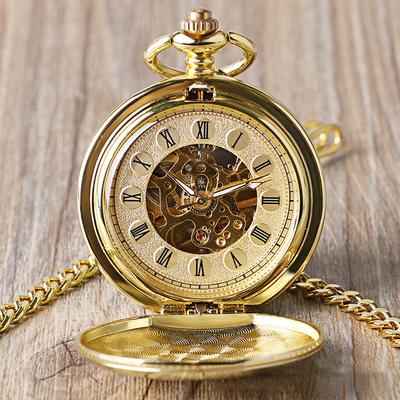 Vintage Pocket Watches for Men Hollow Gold Color Case Pocket Watch with Chain Roman Scale Mechanical Autoamtic Movement Necklace Pendant Mens Clock