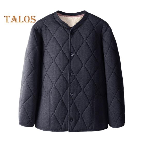 Men Coat V-Neck Long Sleeve Single Breasted Windproof Warm Jacket Solid Color Thickened Velvet Lining Outwear