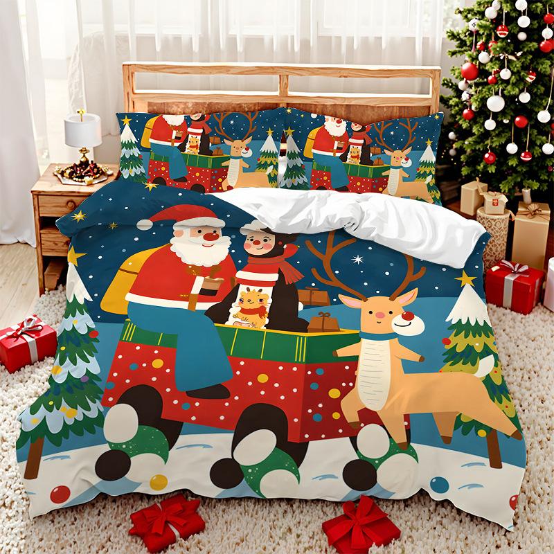 3D Digital Printed Bedding Two Or Three Piece Santa And Elk Polyester Quilt Cover