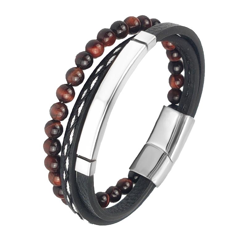 

MingAo Charm Men Jewelry Natural Stone Multi-Layer Leather bracelet Black Stainless Steel Magnetic Clasp Tiger eye Bead Bracelet 22cm