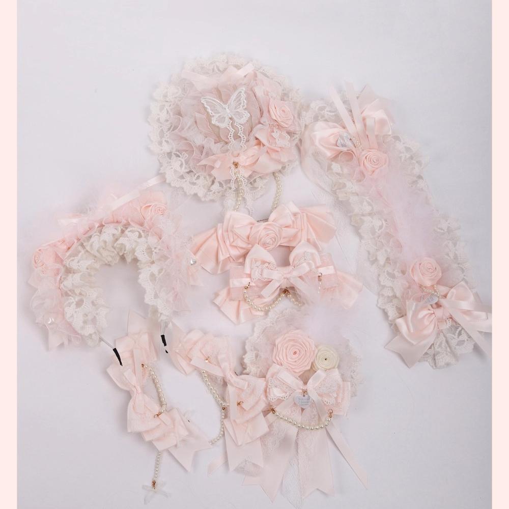 Handmade Small Sweet Lolita Accessories Milk Color Rose Heart Bow Flat Hat KC Lace Headband Top Hats