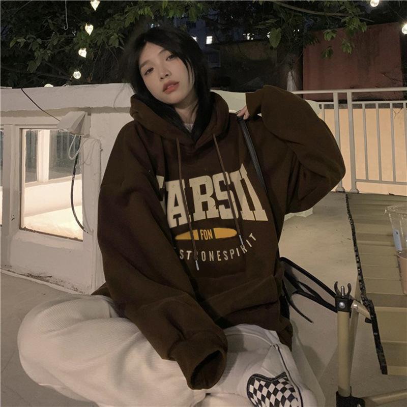 

Утолщенная бархатная студенческая толстовка с капюшоном для женщин на осень и зиму, свободная рубашка для пар, куртка в ленивом стиле для женщин XXL