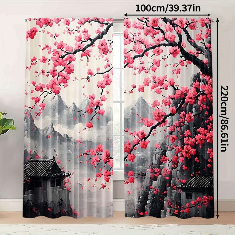 2 Panels Cherry Blossom Curtains Oriental Ink Painting Mountain Landscape Printed Polyester Living Room Bedroom Window Drapes