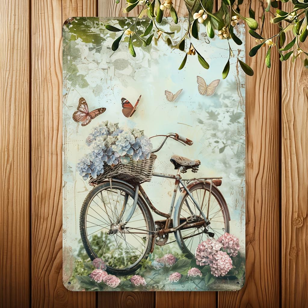 Vintage Bicycle Metal Tin Sign with Floral and Butterfly Motifs, Iron Wall Art for Indoor and Outdoor Decor, Retro Garden Bik