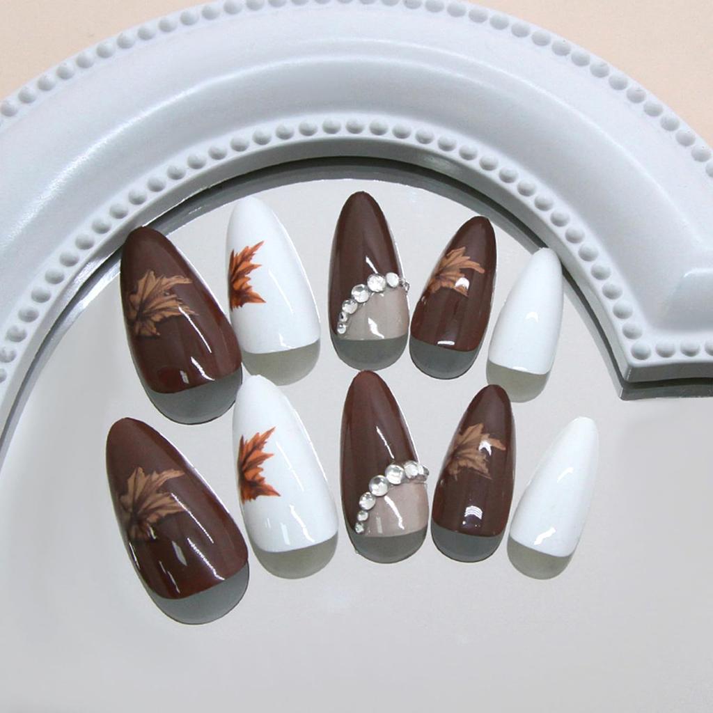 Fall Leaf Press On Nails Thanksgiving Fake Nails with Rhinestones Design Long Almond Autumn Acrylic Nail Glossy Maple Leaves Glue On Nail for Women