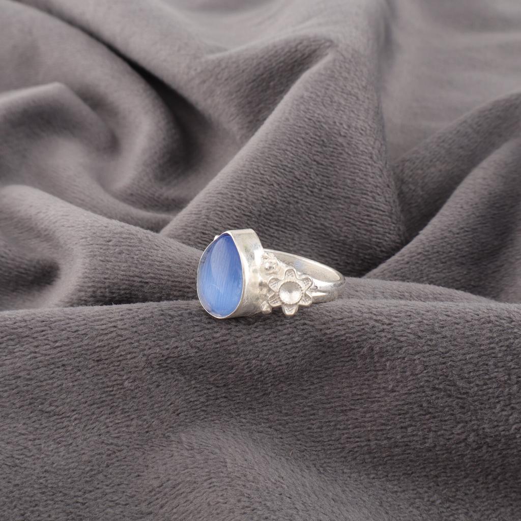 Dark Blue Cat's Eye Gemstone 925 Stamped Silver Jewelry Handmade Pear Shape Ring RR-59-40