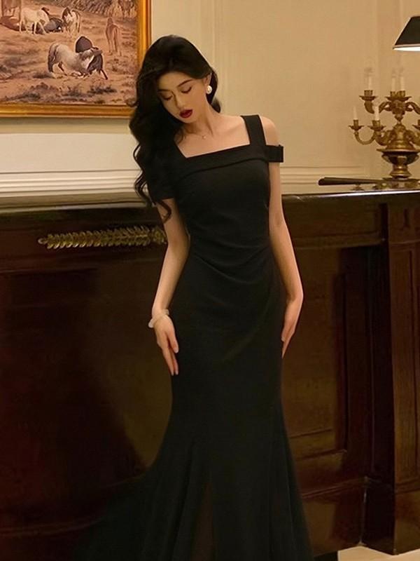 Wholesale custom summer new women's French temperament short-sleeved pleated waist square neck fishtail mesh dress