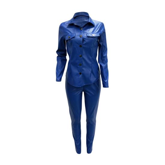 Casual Women Solid Color Faux Leather Turn Down Collar Shirt Pants Two-piece Set