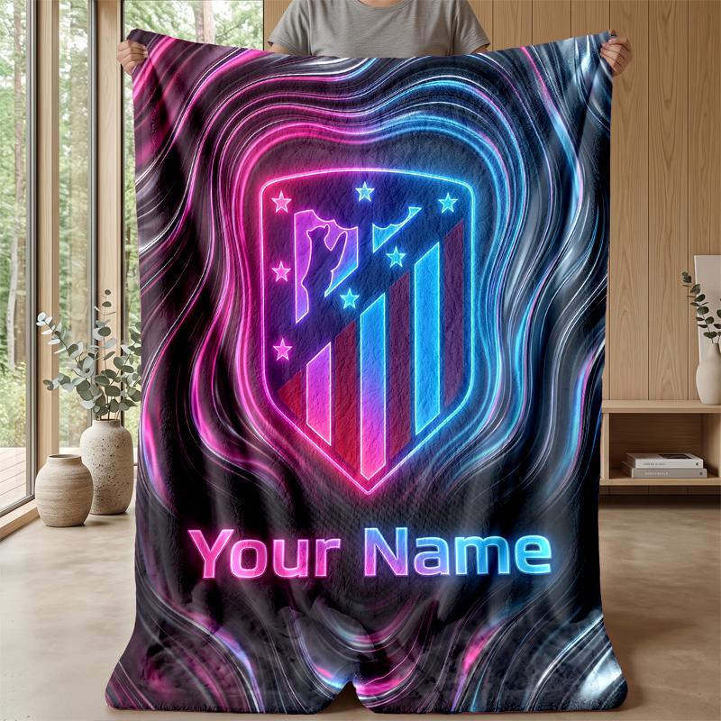 Custom Text Flannel Throw Blanket, Lightweight Cozy Bed Sofa BlanketAtletico Madrid