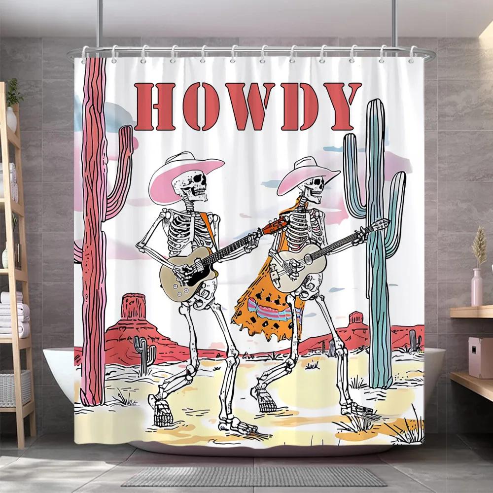 Vintage Western Schädel Gitarre Duschvorhang Lustiger Skelett Cowboy Howdy Gotisch Wilde Natur Wüste Duschvorhang Badezimmer Dekor