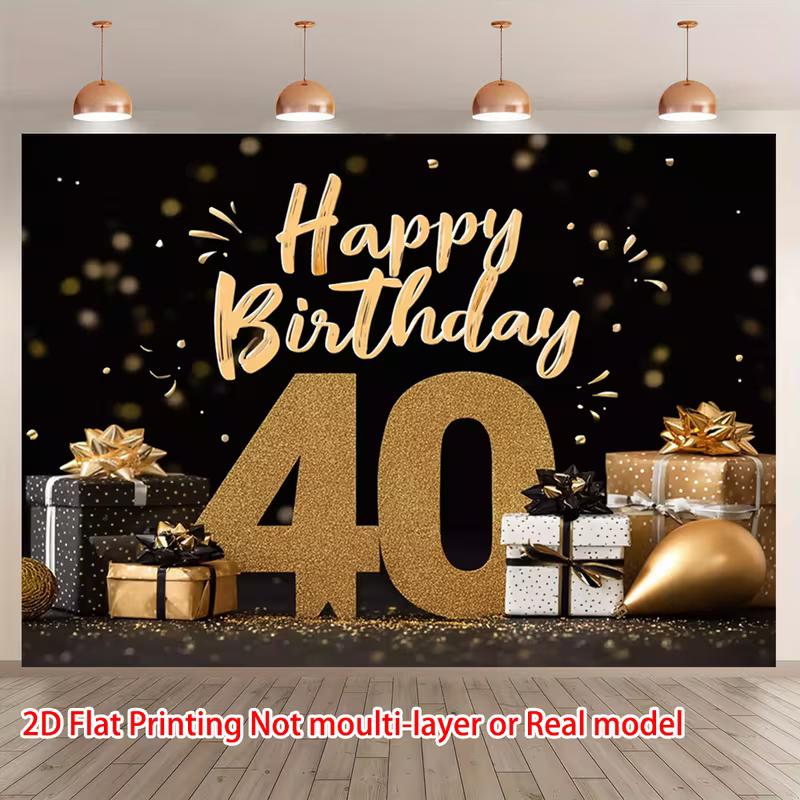 2D Black Gold Glitter 40th Birthday Backdrop Home Party Celebration Photo Background