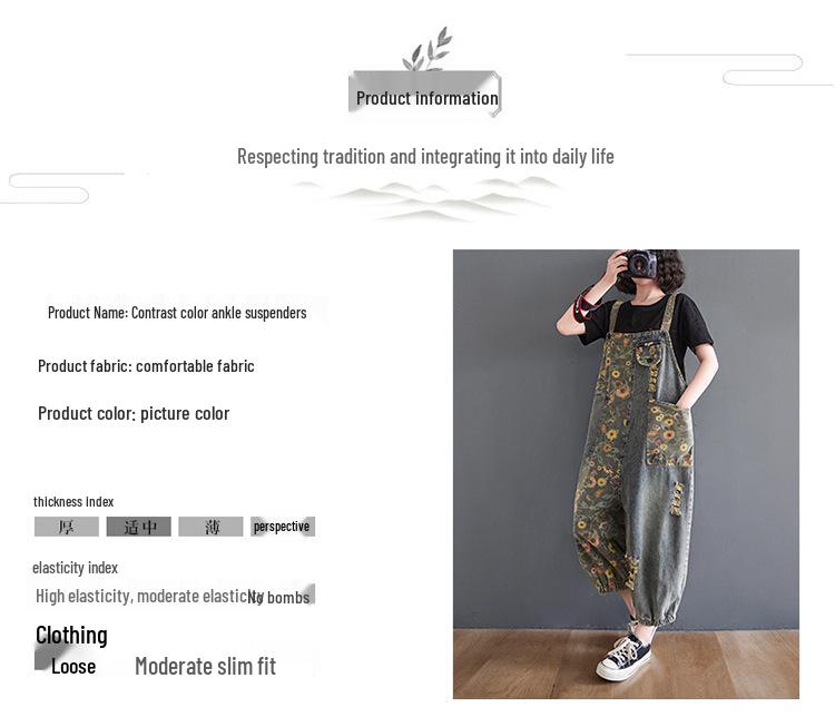 2025 Spring/Summer Women's Plus Size Printed Denim Overalls - New Literary Collection