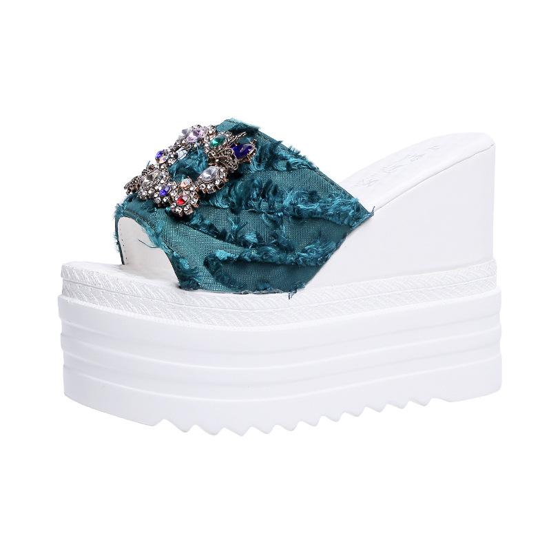 High-heeled wedge slippers summer rhinestone cloth surface fish mouth muffin thick bottom one-word drag