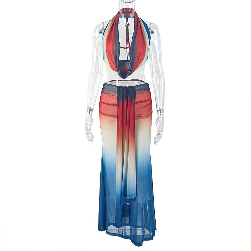 Women Gradient Mesh Two Piece Skirt Set Halter Cowl Neck Backless Bodycon Maxi Dress Vacation Beach Outfit Source Factory Wholesale