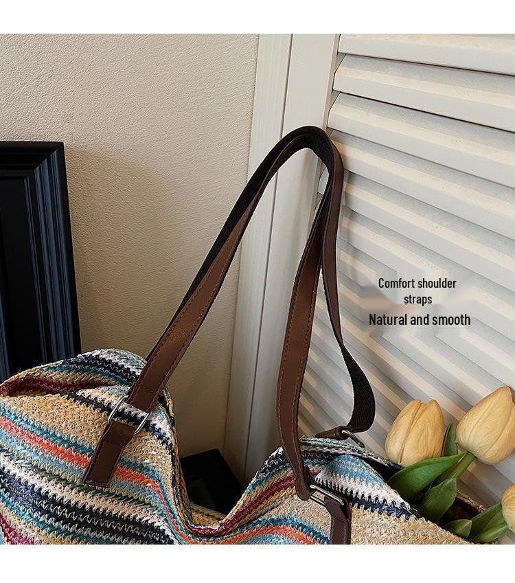Women's Color Block Rainbow Tote Bag - Summer 2026, Large Capacity Woven Shoulder Bag