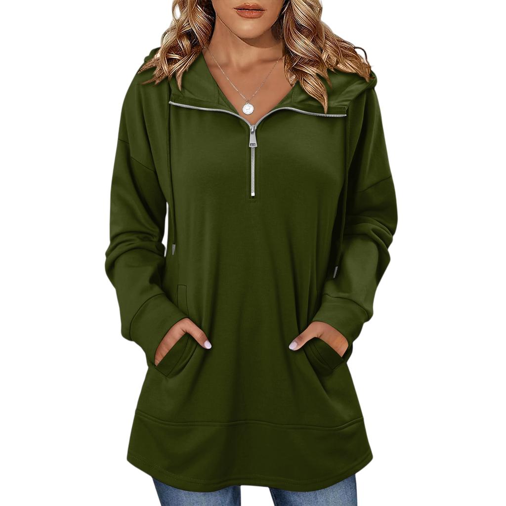 Women's Fashionable Solid Color Hooded Long Sleeved Pocket Pullover Sweatshirt Top