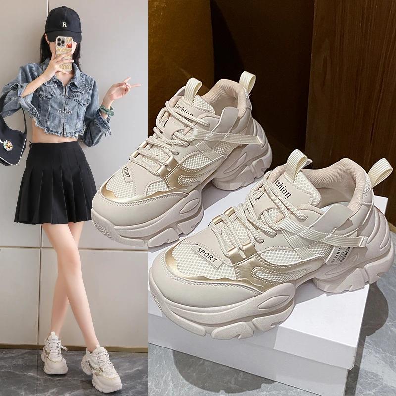 fashion Thick Lace Up Casual Women's Vulcanized Shoes Sports Breathable Leather Thick Sole Mixed Color Outdoor Casual Women's Mesh Shoes