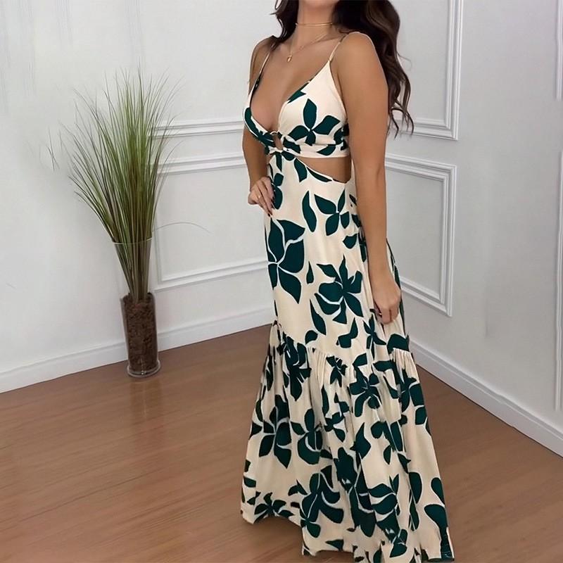 

European American Women s Sexy Print Halter Hollowed-out Long Split Dress L темно-зеленого
