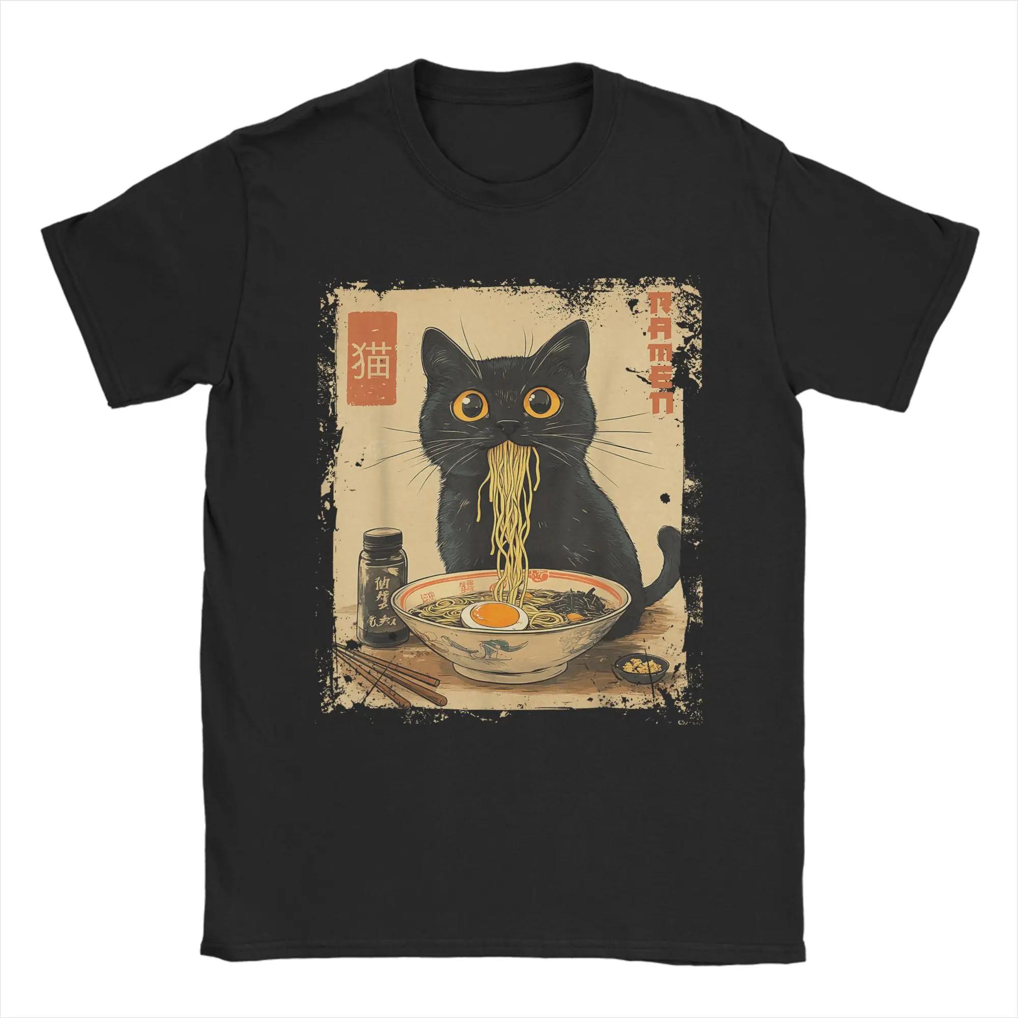 Black Cat Eating Ramen Japanese Style Graphic Tee Casual Cotton T-Shirt for Men Trip S