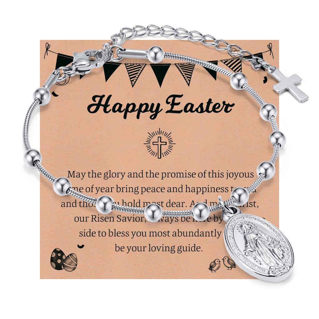 Vnox Rosary Bracelet with Easter Card, Gold Sliver Color Stainless Steel Religious Cross Virgin Mary Prayer Bracelets for Women