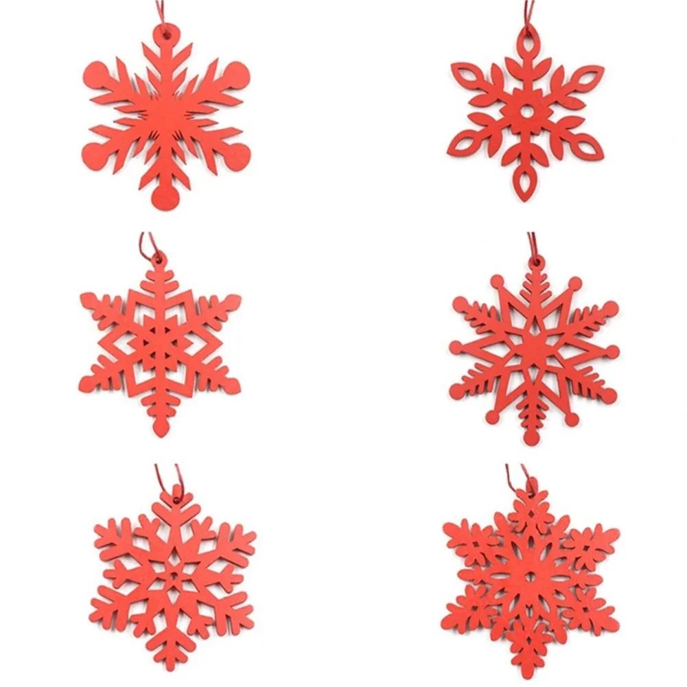 6 Pcs White Red Wooden Snowflakes Christmas Decorations 2024 Xmas Tree Hanging Pendant Home Wall Novelty Ornaments 6.9x6.9CM