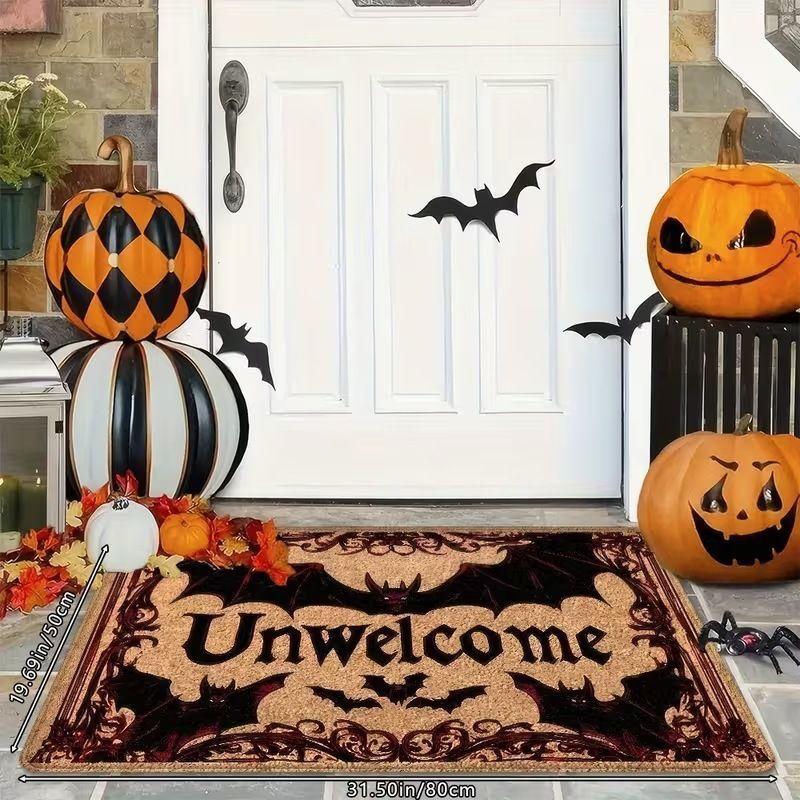 Unwelcome Halloween Door Mat Gothic Skull Bat Non-Slip Entry Rug Spooky Front Door Floor Carpet Decor