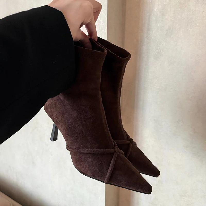 Stivaletti da Donna Vintage Moda Punta Sottile Tacco Alto Scarpe Festa Ballo Elastici Sottili Botas Para Mujer