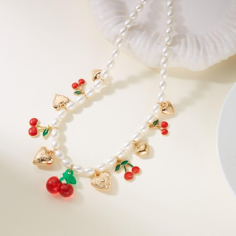 Collier Élégant avec Breloque Cœur Collier Ras-du-cou Doux Perle Nouveau Collier Cerise Fruit Bijoux Femme