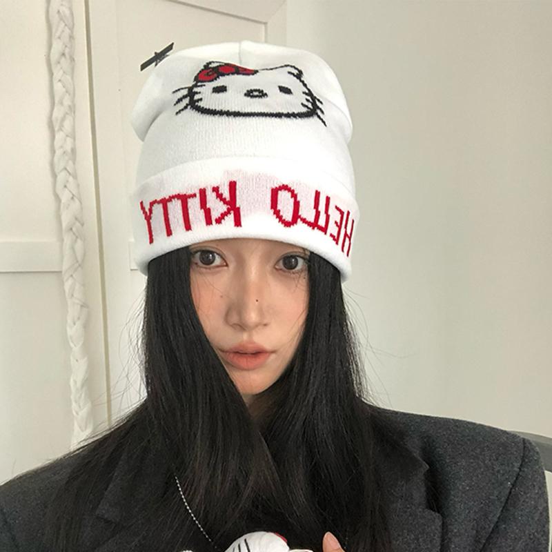 Cute Cartoon Hello Kitty Wool Knitted Hats Autumn And Winter Warm Beanies Comfortable Versatile  Personal Cap