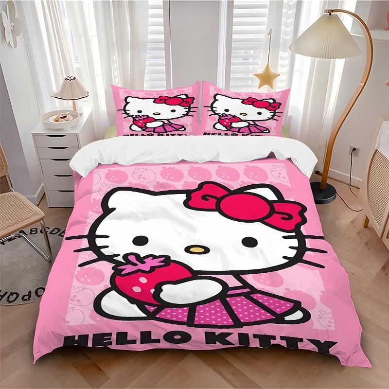 3pcs Strawberries and Hello Kitty Quilt Cover Set (1 Quilt Cover + 2 Pillowcases Without Pillow Core), High-Definition Printing for Home and Dorm