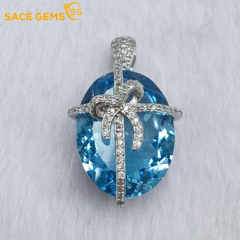 Přívěsek SACEGEMS 15*20mm Přírodní švýcarský modrý Topaz Přívěsek 925Sterling Silver Náhrdelník pro ženy Každodenní párty Jemný šperkový dárek