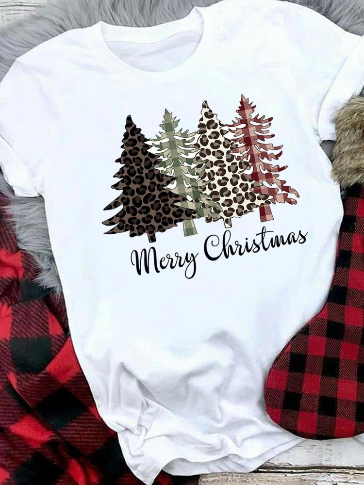 (Asian Size) Plaid Tree Style Cute Merry Christmas Tee Top Festival   New Year Holiday Casual  Lady Short Sleeve Fashion Women Print Graphic T-shirts