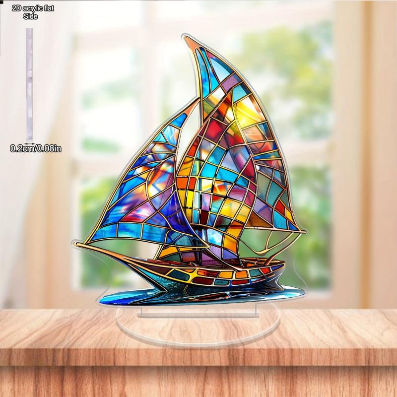 2D Flaches, Buntes Segelboot Acryl Schreibtischdekoration, mit Sockel, Geeignet für Wanddekoration, Veranda, Zimmer, Villa, Akzente Zuhause, Flur, oder Arbeitsplatz