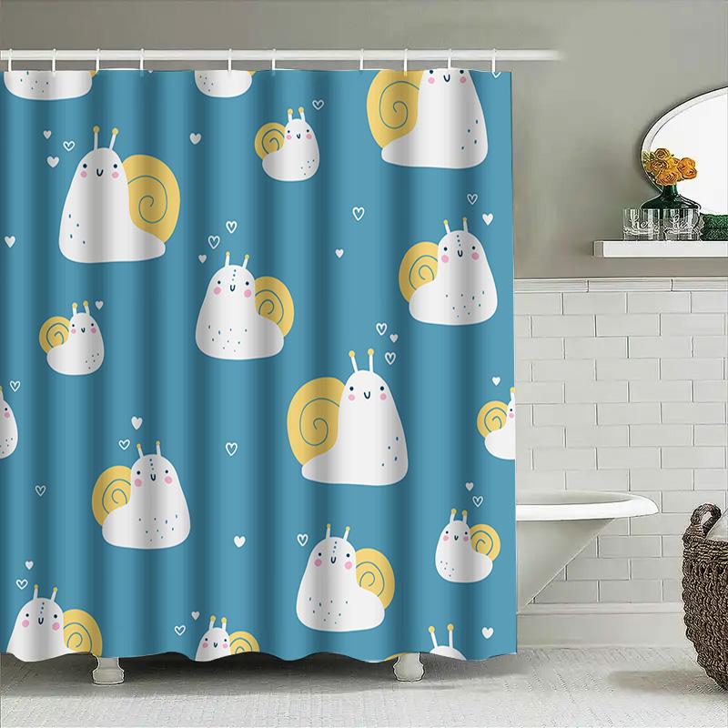 Adorable Cartoon Snail Shower Curtain For Bathroom Decor Blue Background With White Hearts Pattern Waterproof Fabric Easy Instal