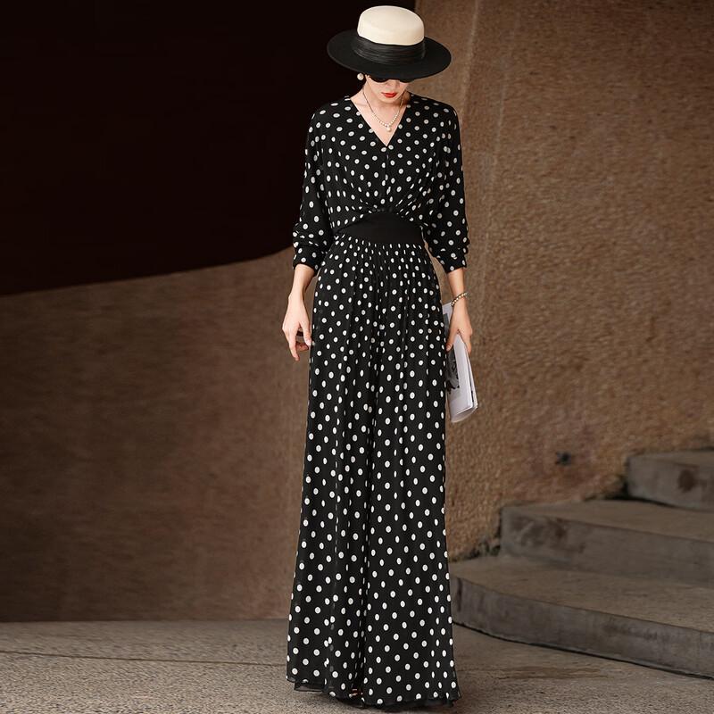 French Vintage Polka Dot V-Neck Wide-Leg Jumpsuit