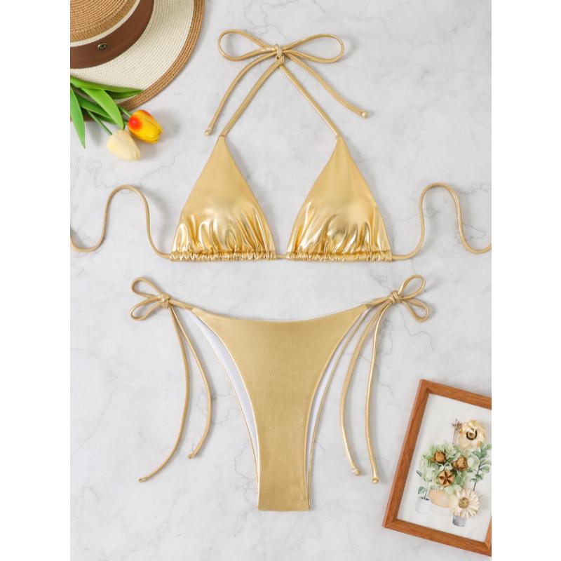 Damen Glänzendes Schwarzes Dreieck Bikini Set Neckholder zum Binden Seitenbändchen Tanga Ohne Bügel Sexy Strand Badebekleidung