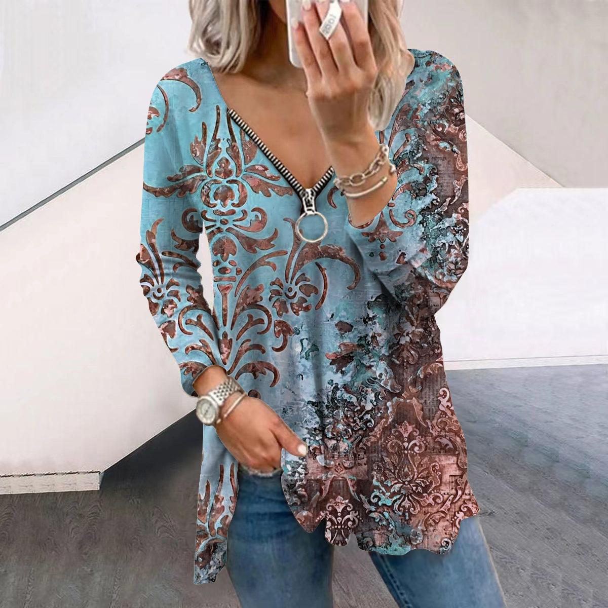 

Женские осенние креативные ретро-футболки с длинным рукавом и принтом, свободные футболки с V-образным вырезом больших размеров, удобные блузки XS оранжевый