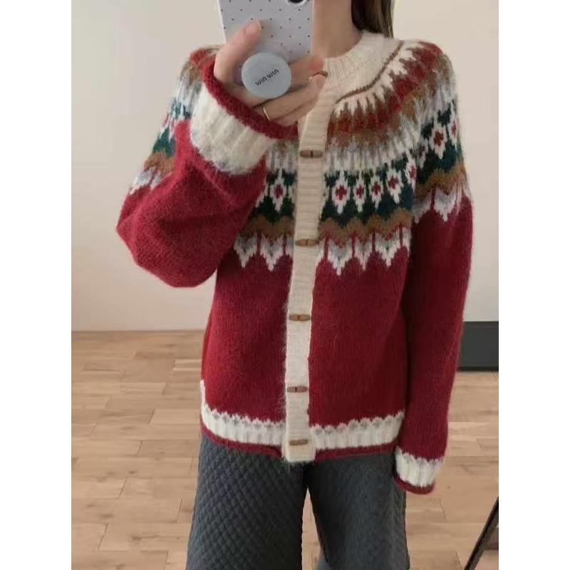 

Жакет-свитер Fair Isle, женская одежда, осень и зима, новый свободный, с круглым вырезом, в стиле ретро, жаккардовый, на вязаной кардигане с пуговицами из рога one size fits all красный