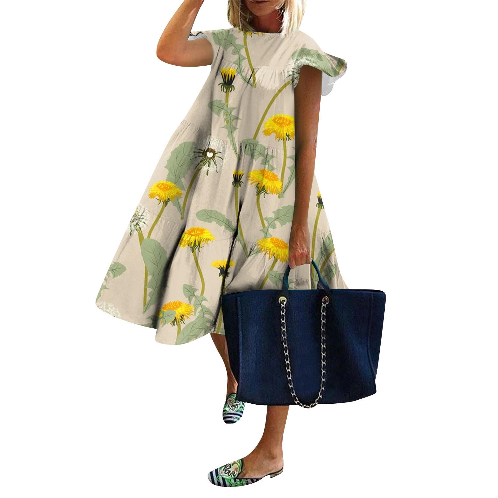 Women s Fashion Dress Fly Sleeve Print Casual Loose Round Neck Dress XXXL