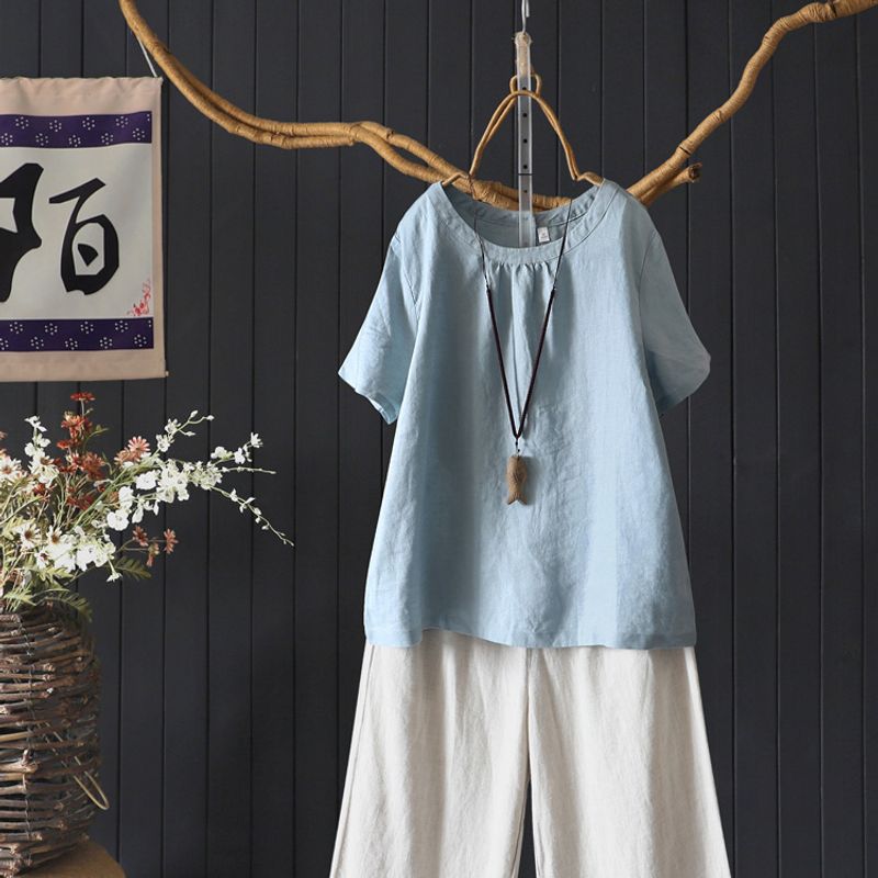 

Художественная универсальная футболка с круглым вырезом и коротким рукавом из льна, топ для женщин, свободный однотонный пуловер, летний топ с подкладкой и подрубленным краем Light Blue M