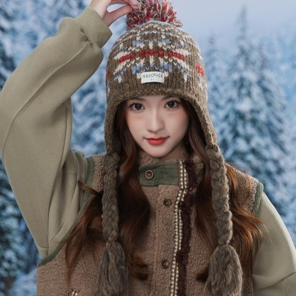 Y2k Ear Protection Cap Jacquard Women Wool Cap Cute Knitted Beanies Caps  Autumn Winter