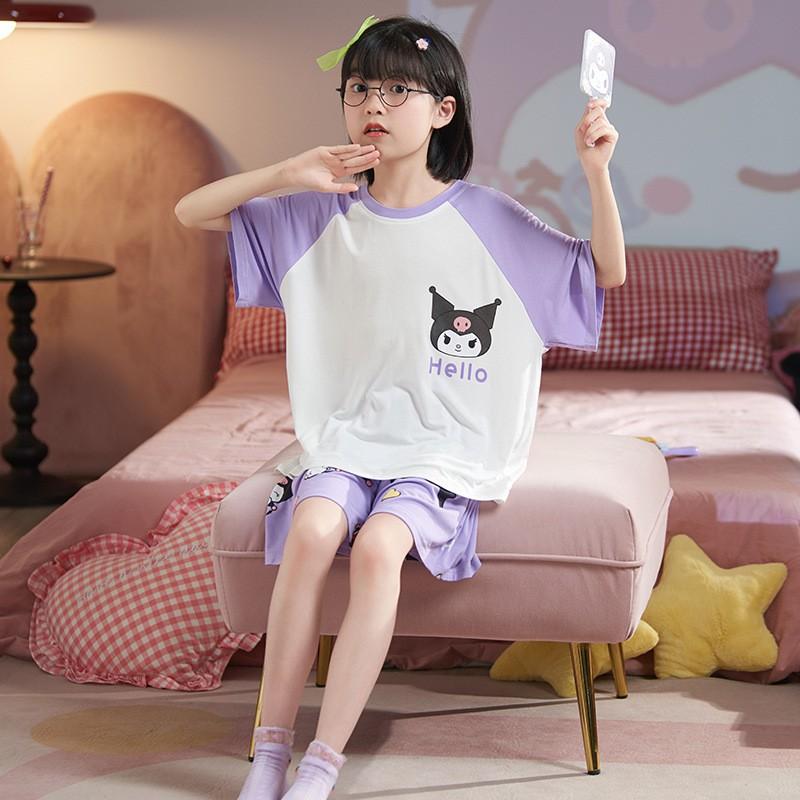 Girls Modal Cotton Pajama Set Short Sleeve Lightweight Sleepwear Cartoon Print Home Outfit Kids
