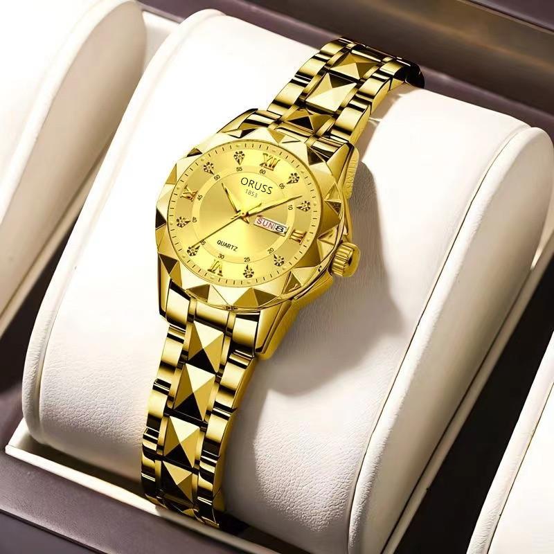 Women S Fashion Rhombus Double Calendar Luminous Waterproof Quartz Watch Solid Belt