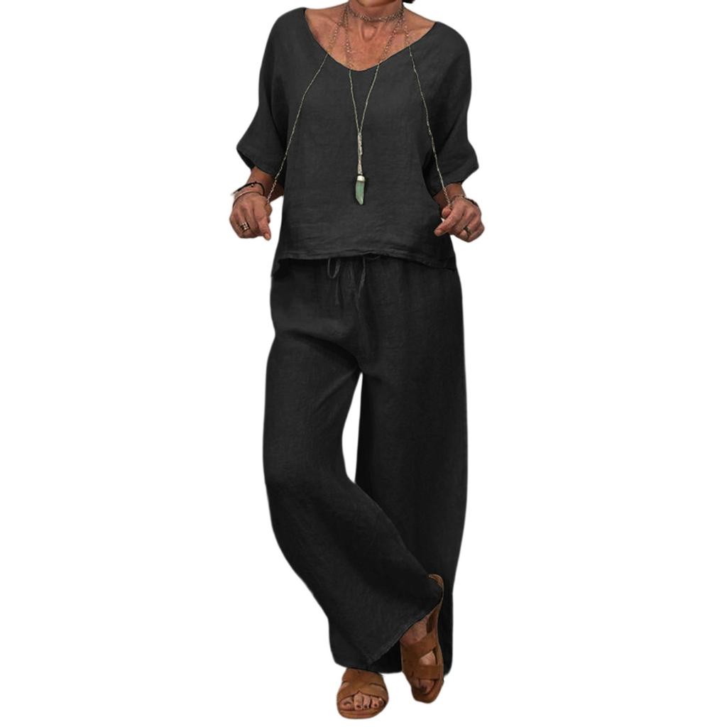 Women's Casual Mid Sleeve Low Round Neck Loose Wide Leg Long Pants Set