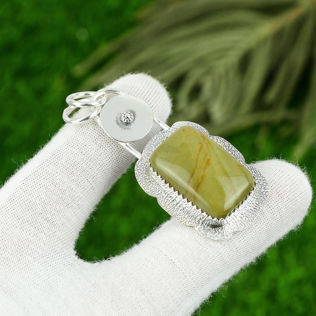 Sterling Silver Rectangle Polychrome Jasper Stone Art Deco Engagement Pendant