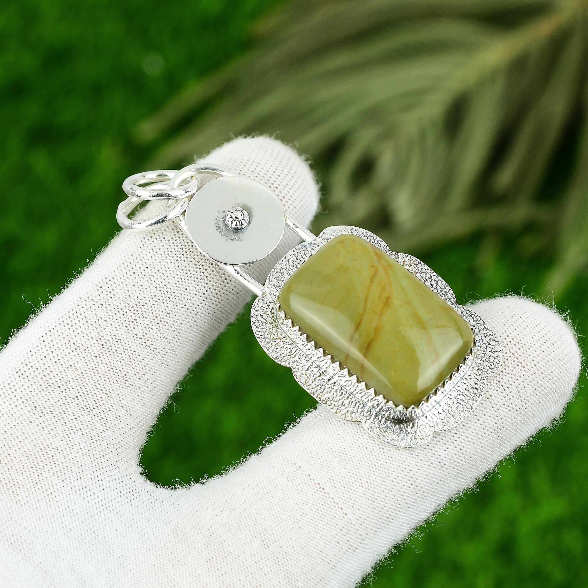 

Sterling Silver Rectangle Polychrome Jasper Stone Art Deco Engagement Pendant