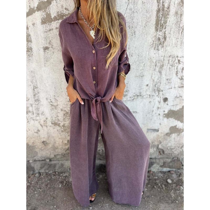 

women s Solid Color Knotted Front Long Sleeve Shirt High Waist Wide Leg Pant Casual Two Piece Suit Outfit S фиолетовый