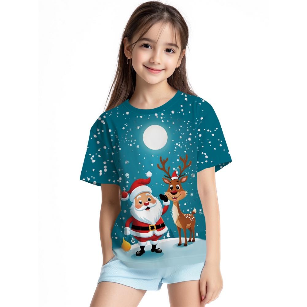 3D printed Christmas T-shirt for girls, Santa Claus short sleeved round neck casual Christmas girl top