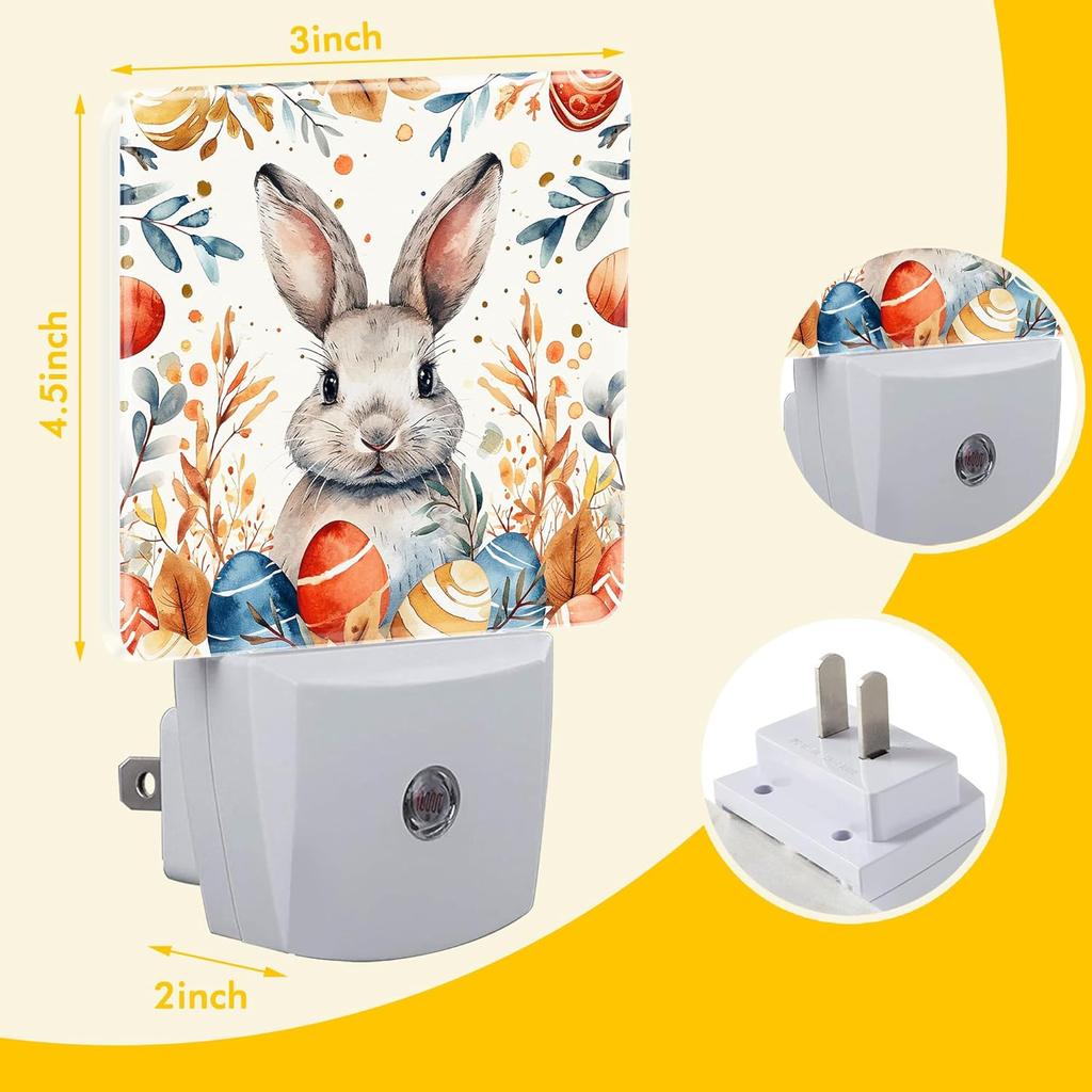 Easter Eggs Bunny Leaves Plug in Night Lights,Watercolor Cute Rabbit Night Light Plug into Wall with Dusk to Dawn Sensor Decor for Women Men
